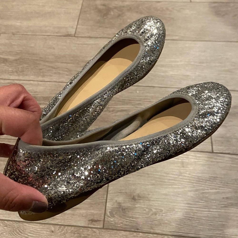 silver glittery J crew flats